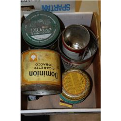 BOX OF MISC INCLUDING VINTAGE TINS, PORTABLE