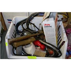 PLASTIC BIN WITH HAND TOOLS, HARDWARE AND MORE