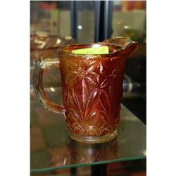 GENUINE ANTIQUE FLOWERED CARNIVAL GLASS PITCHER