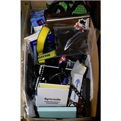 BOX OF MISC INCLUDING FLASK, JET LIGHTER &