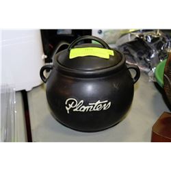 VINTAGE 70'S PLANTERS PEANUTS BLACK CROCK WITH LID