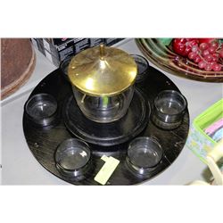 LARGE LAZY SUSAN FONDUE WITH BRASS LIDDED DIP BOWL