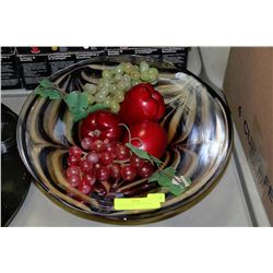 LARGE ART GLASS BOWL WITH PLASTIC FRUIT