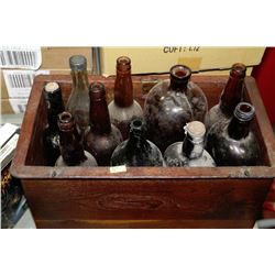 ESTATE WOOD BOX WITH OLD BEER BOTTLES