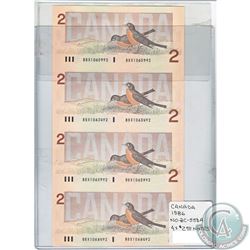 Replacement Uncut sheet of 4x 1986 BC-55ba Canada Bird series 2.00 BBX Banknotes.