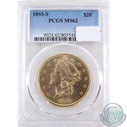 1893-S United States $20 Gold Double Eagle PCGS Certified MS62! A Choice Gem coin with excellent eye