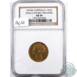 1874M Australia 1 Sovereign NGC Certified AU-50 Shield Douro Treasure.