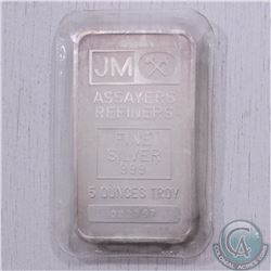 Scarce! Johnson Matthey -Blank Reverse- 5oz .999 Fine Silver Bar – Serial 022757 (only 15,000 produc