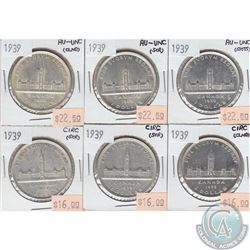 6 x 1939 commemorative Canada silver dollars. 6pcs.