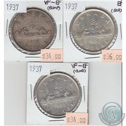 3 x 1937 Canada silver dollars. 3pcs.