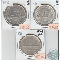 1936, 1937 and 1939 Canada silver dollars. 3pcs