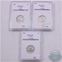 PNG Certified Canada 5cts MS-64. 1964, 1967 & 1968. 3pcs