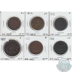 Mixed lot of bank tokens. Oldest date 1812. As per holders grades are Fine to VF. 6pcs