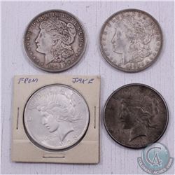 Estate lot of USA Morgan and Peace Silver Dollars. 4pcs