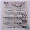 Image 1 : Complete signature type set of the 1988 Bird Series $100.00.  Included are four 1988 $100.00 notes; 