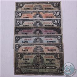 Nearly complete denominational type set of the 1937 series.  You will seven 1937 notes; one of each 