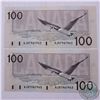 Image 1 : Pair of 1988 $100.00 notes with consecutive serial numbers in Almost UNC Condition