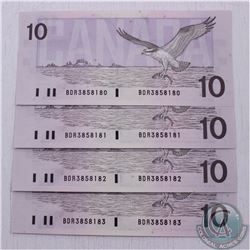 4 x 1989 $10.00 notes with consecutive serial numbers in UNC Condition.