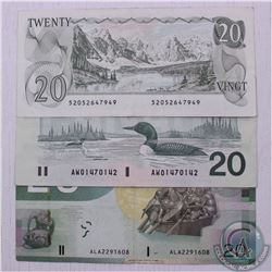 Run of three $20.00 notes from the Bank of Canada in average circulated condition.  You will receive