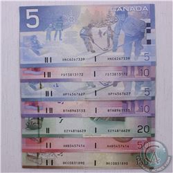 Complete denominational type set of the Journey series of banknotes in average circulated condition.