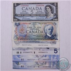 Run of six $5.00 notes from the Bank of Canada in average circulated condition.  You will receive si
