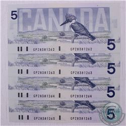 4 x 1986 $5.00 notes with consecutive serial numbers in UNC condition.