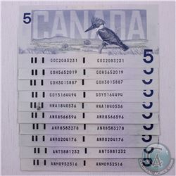 10 x 1986 $5.00 notes in average circulated condition.