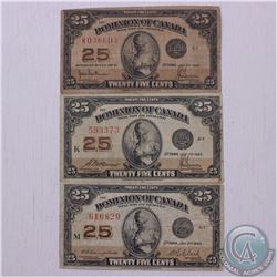 Complete signature type set of the 1923 25c issue. You will receive three 1923 25c notes; one of eac