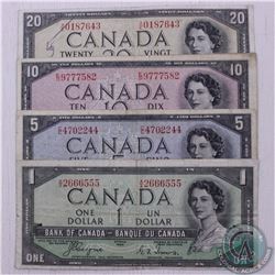 Group lot of 4 x 1954 Devil's Face banknotes.  You will receive a $1, $5, $10 and $20.  The notes ra