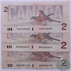 Group lot of three second generation replacement notes from the 1986 bird series $2.00 issue in aver