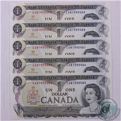 5 x 1973 Changeover $1.00 notes with consecutive serial numbers in UNC Condition.
