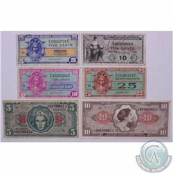 Group lot of six military payment certificates issued by the United States.