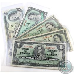 Run of five $1.00 notes from the Bank of Canada.  You will receive an example of every $1.00 series 