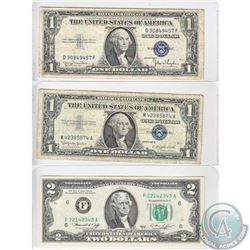 Group lot of two $1.00 Silver Certificates and one 1976 $2.00 note all from the United States