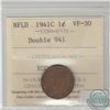 Image 1 : Newfoundland 1-cent 1941c Double 941 ICCS Certified VF-30