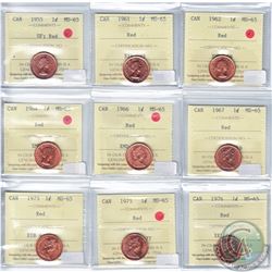 1-cent 1955 SF, 1961, 1962, 1966, 1964, 1967, 1973, 1975 & 1976 ICCS MS-65 Red. 9pcs