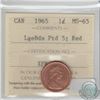 Image 1 : 1-cent 1965 Large Beads Pointed 5 (Variety 4) ICCS Certified MS-65 RED. A great example of the Varie