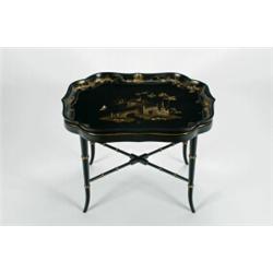 AN EARLY 19TH CENTURY ENGLISH PAPIER MACHE TEA TRAY, gilded and inlaid with mother-of-pearl with...