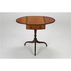 A SMALL GEORGE III SATINWOOD DROP LEAF OCCASIONAL TABLE, crossbanded with rosewood, drawer to one...