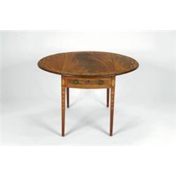 A GEORGE III MAHOGANY OVAL PEMBROKE TABLE, the top with broad satinwood banding, inlaid with styl...