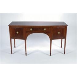 AN ANTIQUE MAHOGANY BOW FRONT SIDEBOARD, in the George III manner, crossbanded and inlaid with bo...