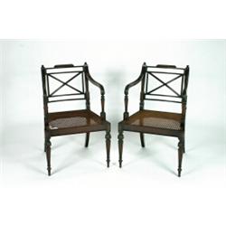 A PAIR OF ANTIQUE CARVED MAHOGANY OPEN ARMCHAIRS, in the Hepplewhite manner, the frames fluted an...