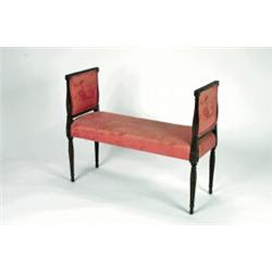 A GEORGE III CARVED MAHOGANY BENCH, the padded arms and sides in a rose Chinoiserie upholstery, t...