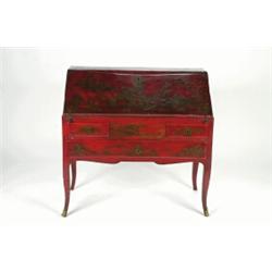 A LATE 18TH CENTURY FRENCH PROVINCIAL DESK, Chinoiserie lacquered on a scarlet ground, the shaped...