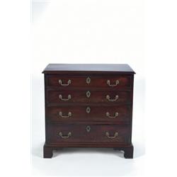 AN EARLY GEORGE III MAHOGANY STRAIGHT FRONT CHEST, of four long graduated drawers, on shaped brac...