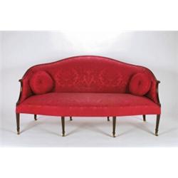 A GEORGE III MAHOGANY FRAMED SETTEE, upholstered in claret brocade, on square tapering supports t...