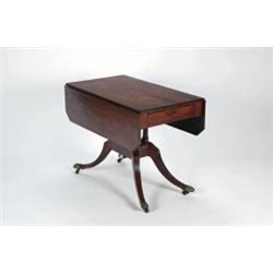 A GEORGE III MAHOGANY DROP LEAF TABLE, the top inlaid with ebony stringing, similarly inlaid draw...