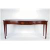 AN ANTIQUE MAHOGANY SERPENTINE FRONT SERVING TABLE, inlaid with boxwood stringing, three drawers...