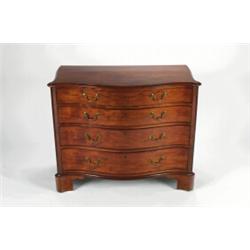 AN ANTIQUE MAHOGANY SERPENTINE FRONT CHEST, of four long graduated drawers, in the early George I...