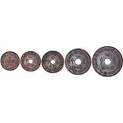 Set of Five Copper Kori Coins of Vijayrajji of Kutch State.
